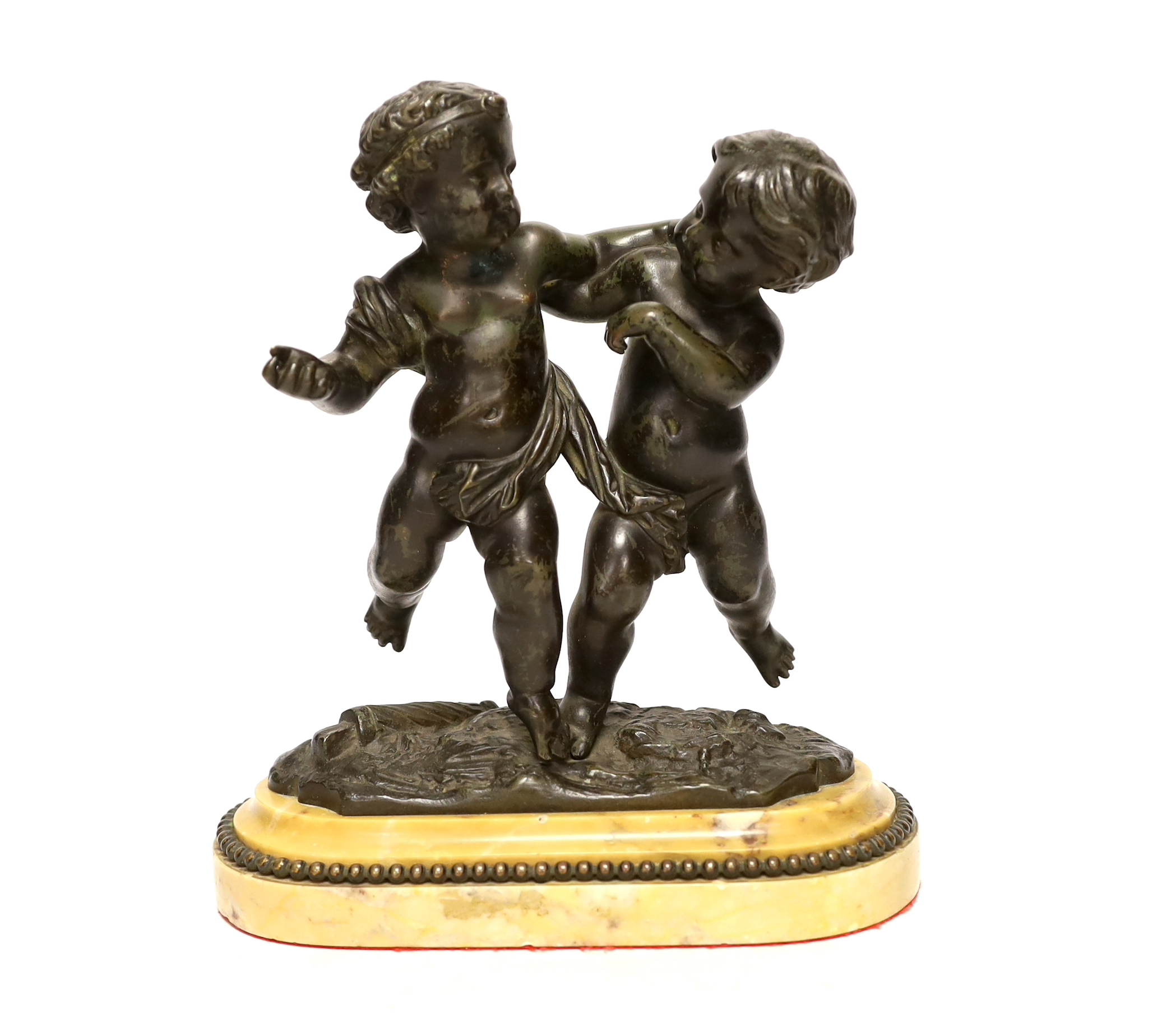 A 19th century French bronze model of two Putti, raised on shaped marble base, 22cm high